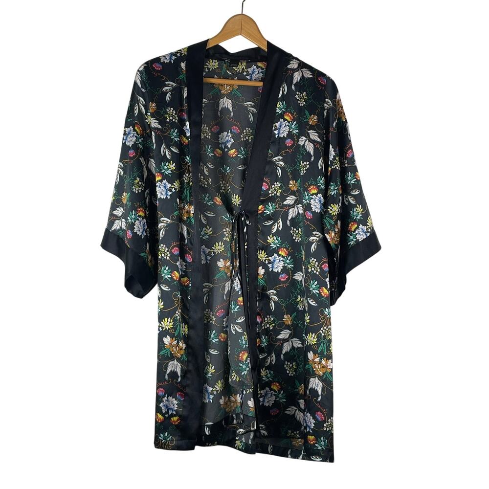 Victoria's Secret Women's Black Satin Floral Knee Length Robe Size M/L Tie Waist